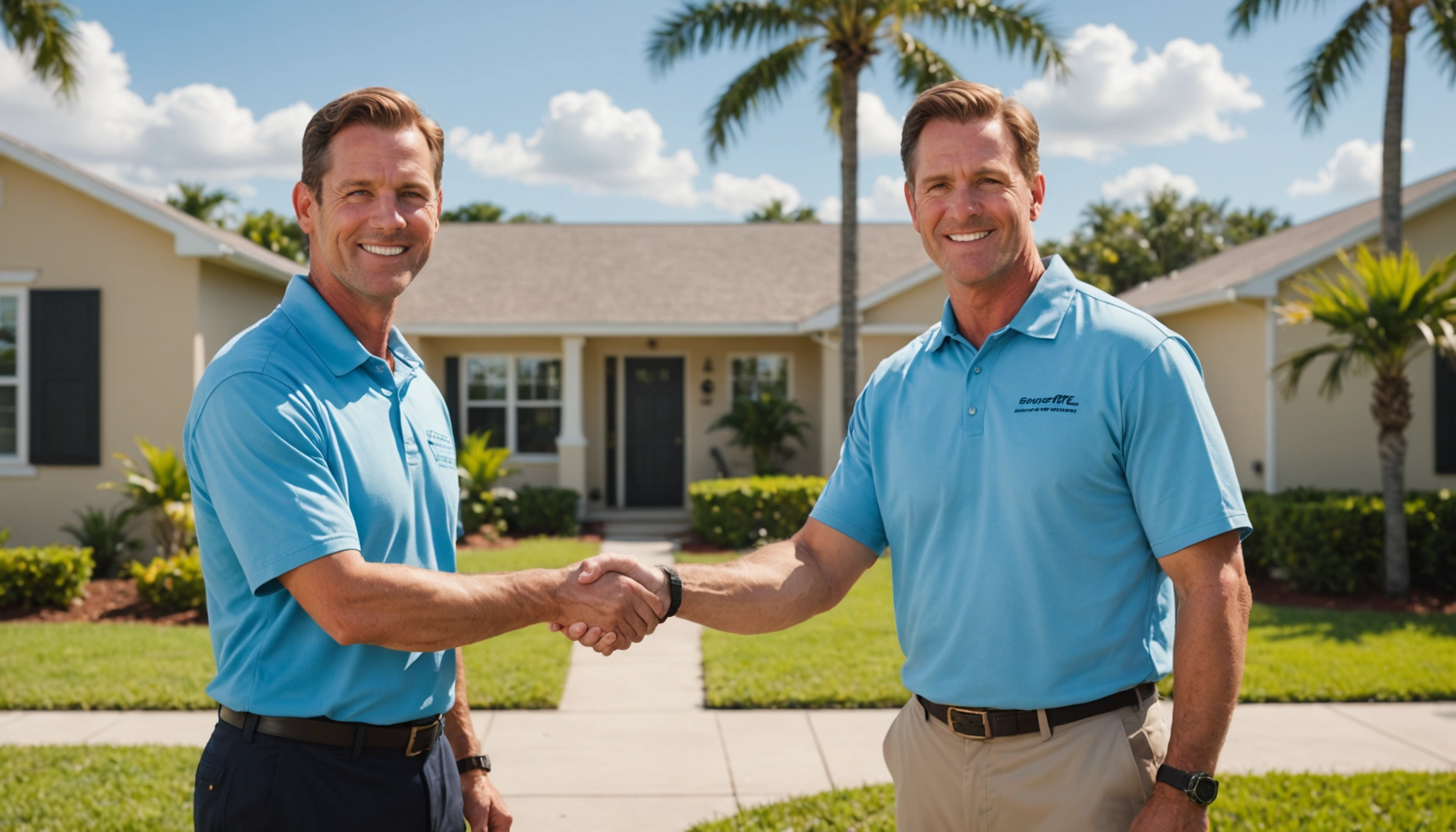 guru-3 Technician and homeowner shaking hands in front of a suburban Florida home