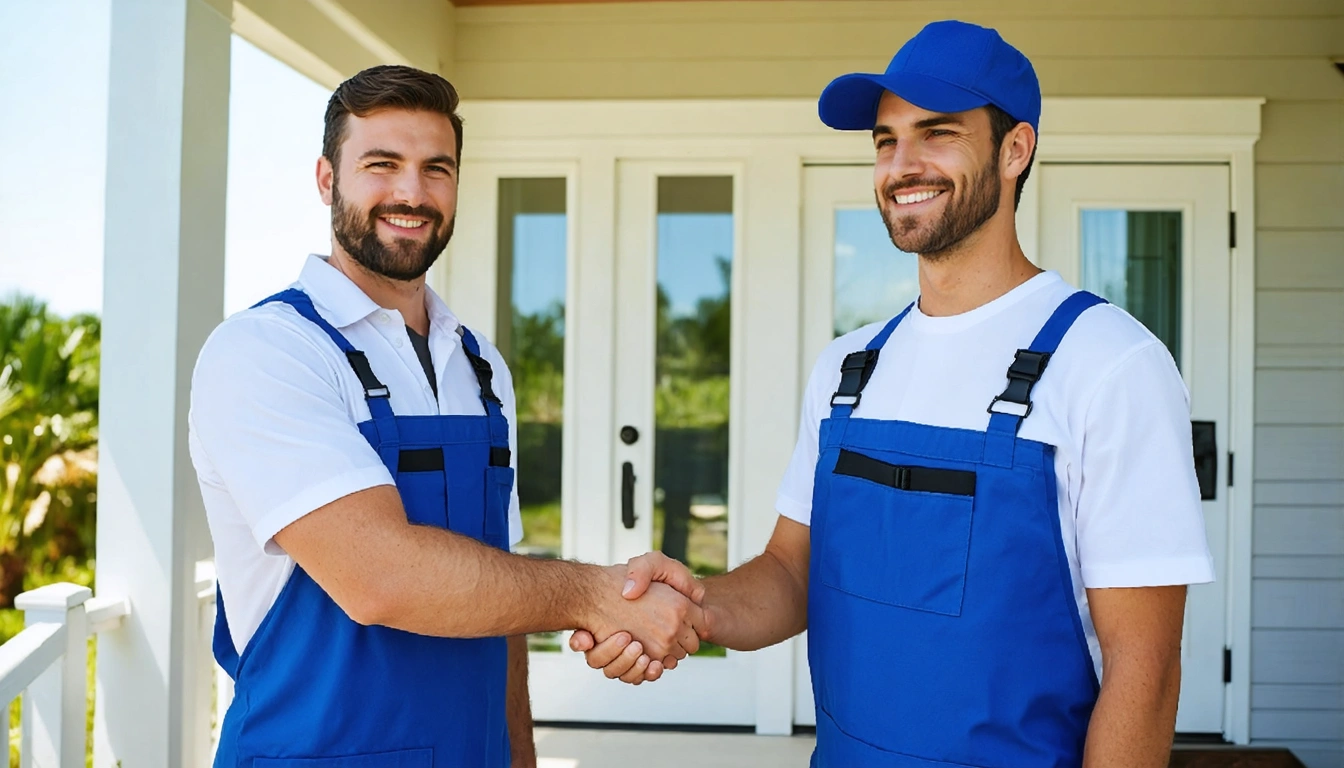 guru-6 Service team in uniforms shaking hands with homeowner at a coastal home