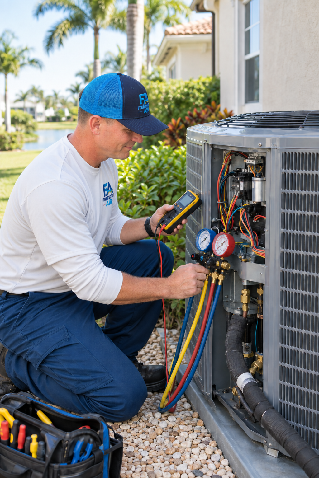 HVAC technician diagnosing an outdoor condenser beside a Florida home