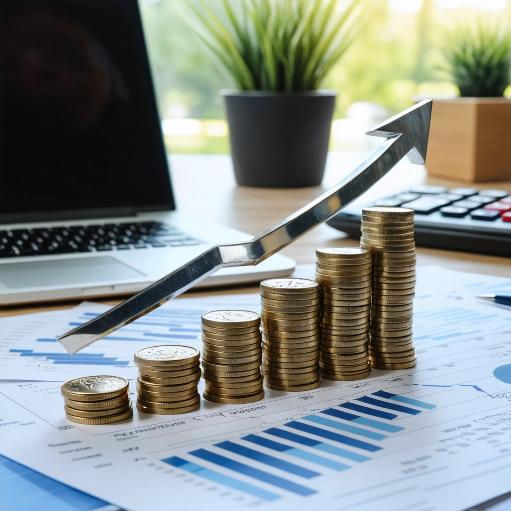 Ascending coin stacks and metallic arrow symbolize financial growth and stability