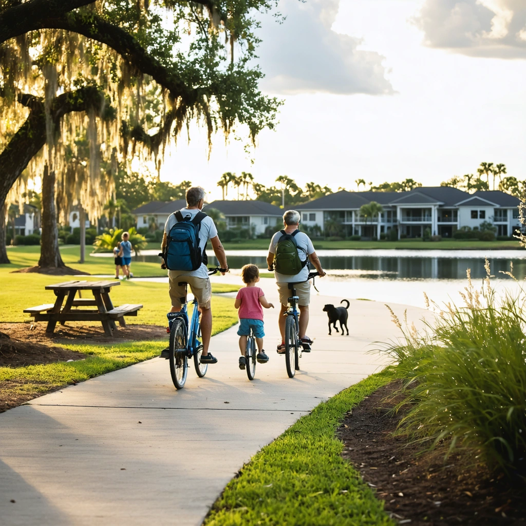 Multigenerational families enjoy cycling, picnicking, and strolling beside a sunny lake