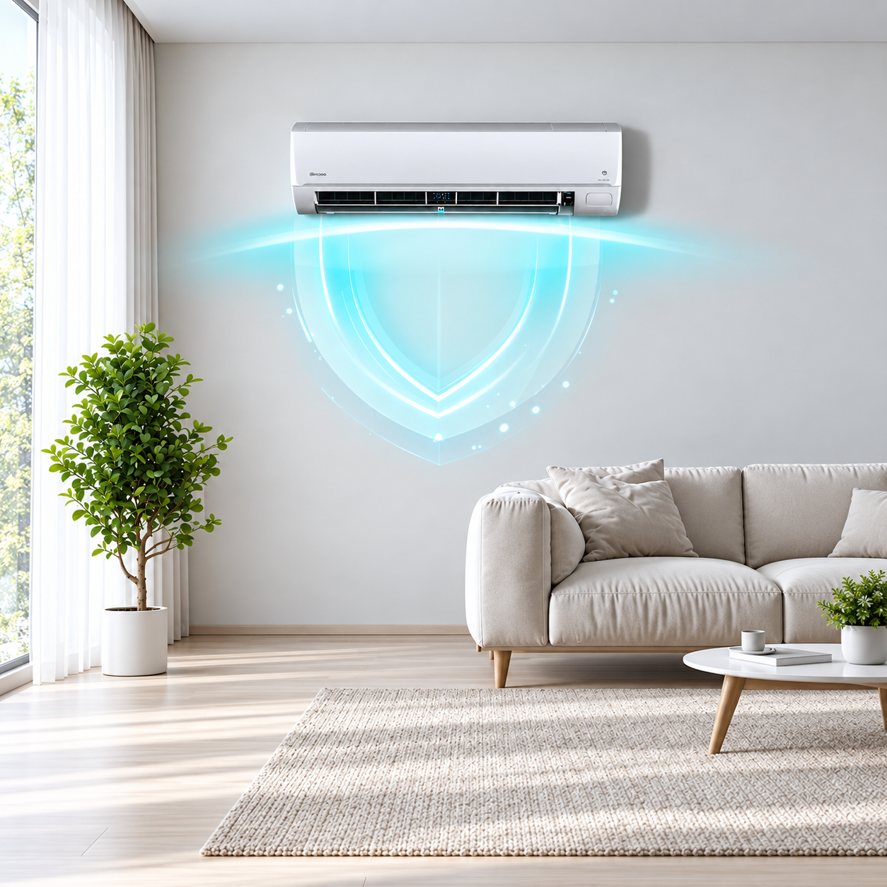Modern air conditioner with translucent shield glow in serene sunlit living room