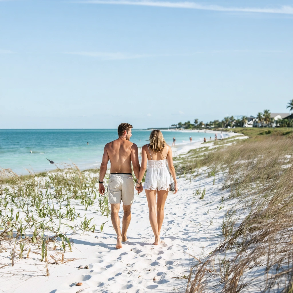 Couple walking barefoot along serene Nokomis Beach shoreline in warm sunlight