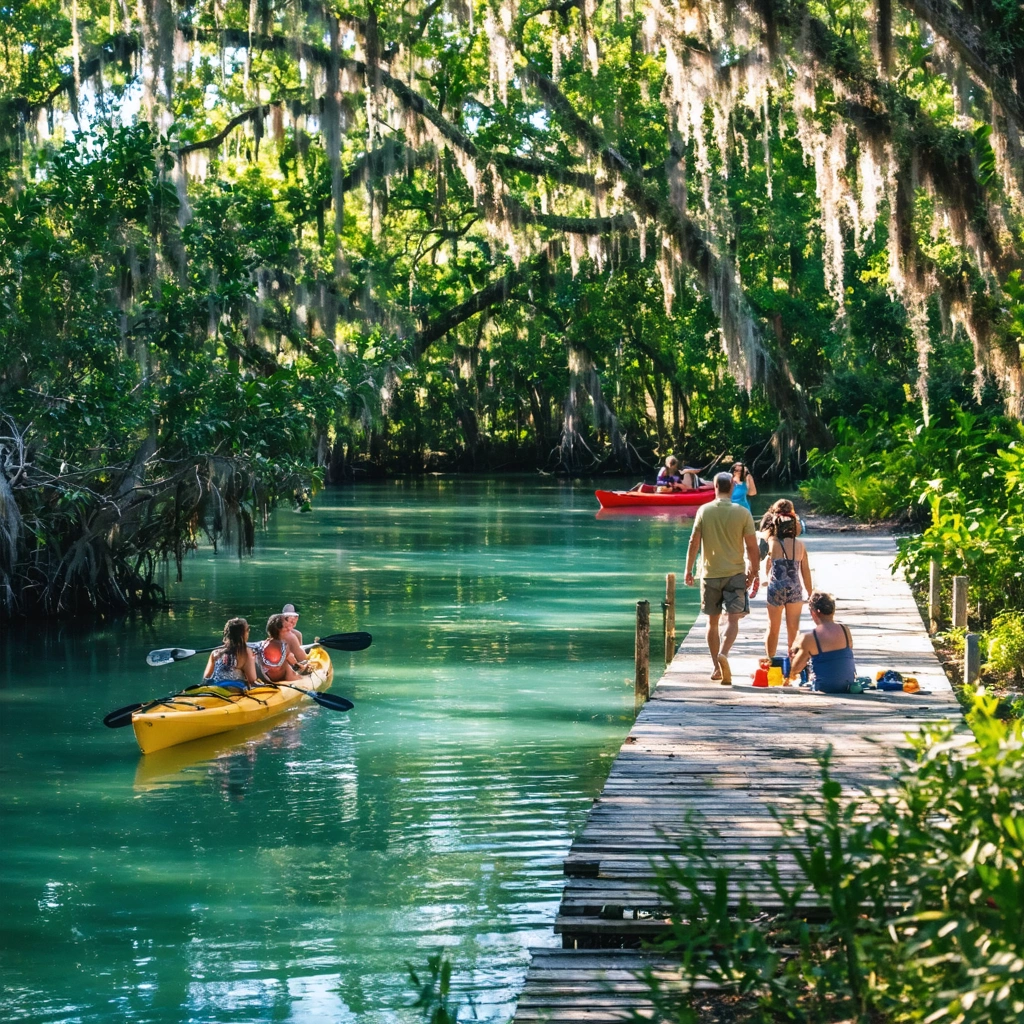 north-port-florida-lifestyle-HBxh1s Multigenerational family picnics beside kayakers and a palm-lined Florida spring