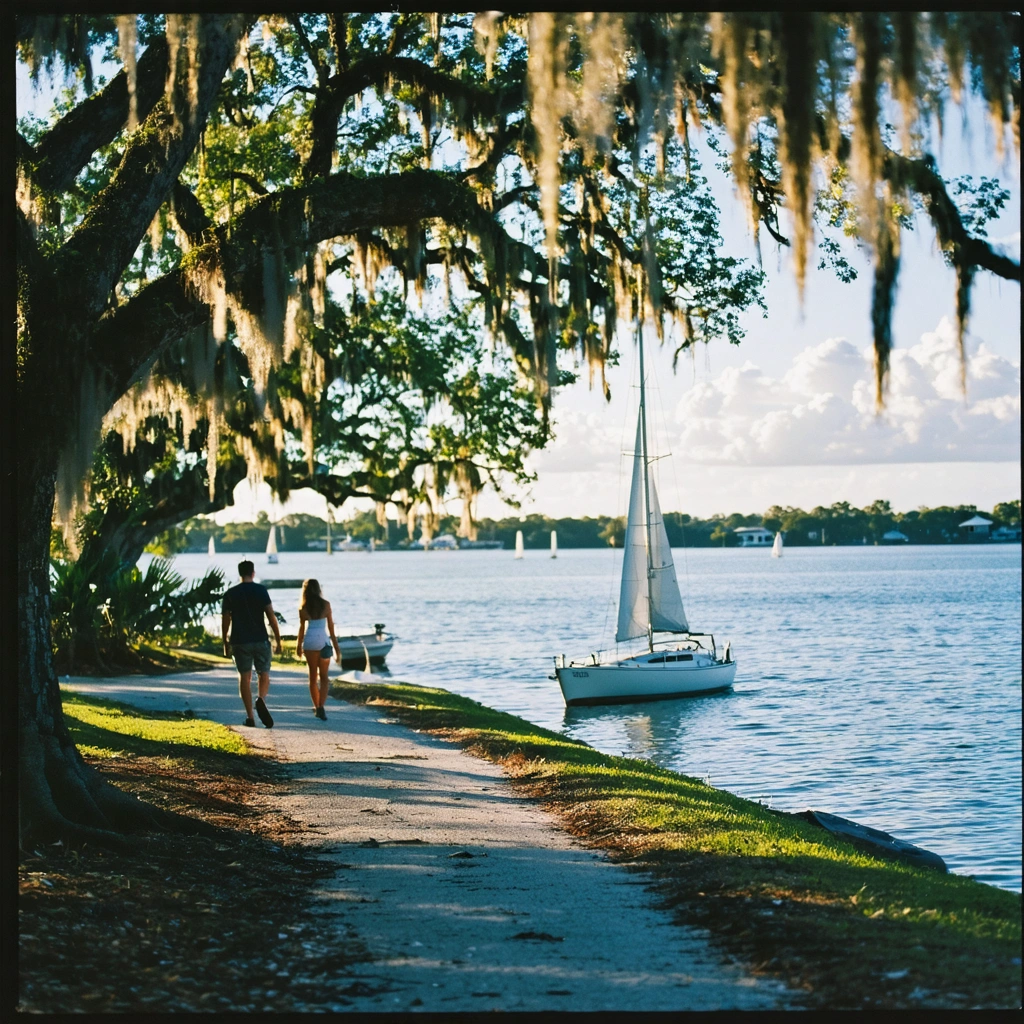 Couple strolling beneath mossy oaks beside calm Little Sarasota Bay