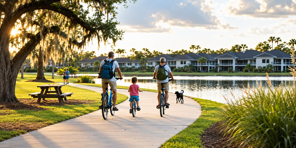 Multigenerational families enjoy cycling, picnicking, and strolling beside a sunny lake