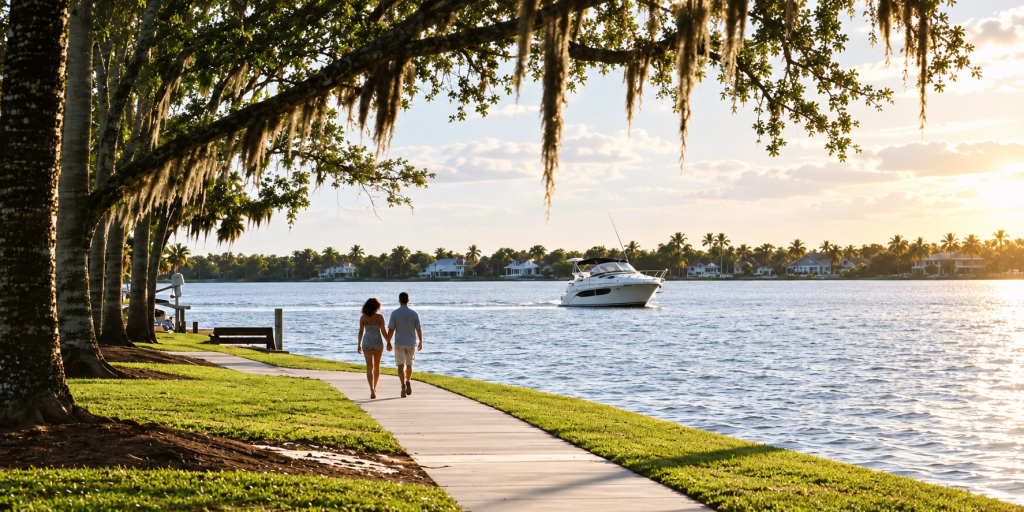 Couple strolling beside Charlotte Harbor as a white boat glides by