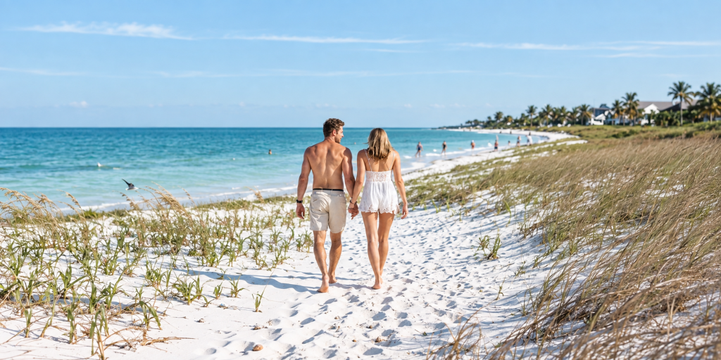 Couple walking barefoot along serene Nokomis Beach shoreline in warm sunlight