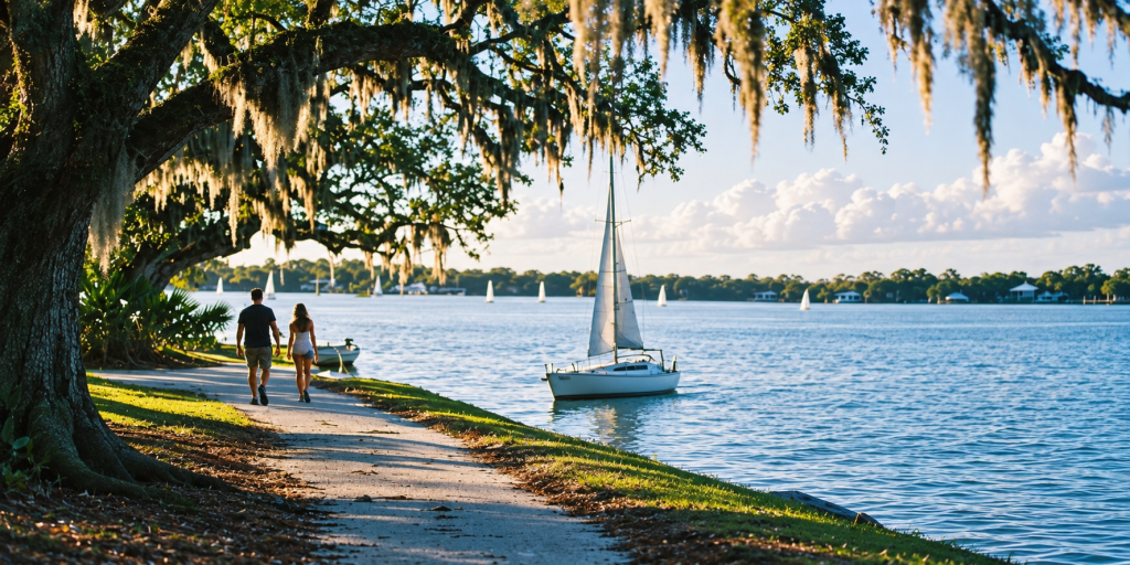 Couple strolling beneath mossy oaks beside calm Little Sarasota Bay
