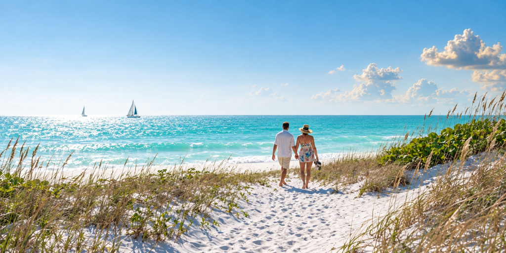 Couple strolling along serene Siesta Key Beach at golden hour