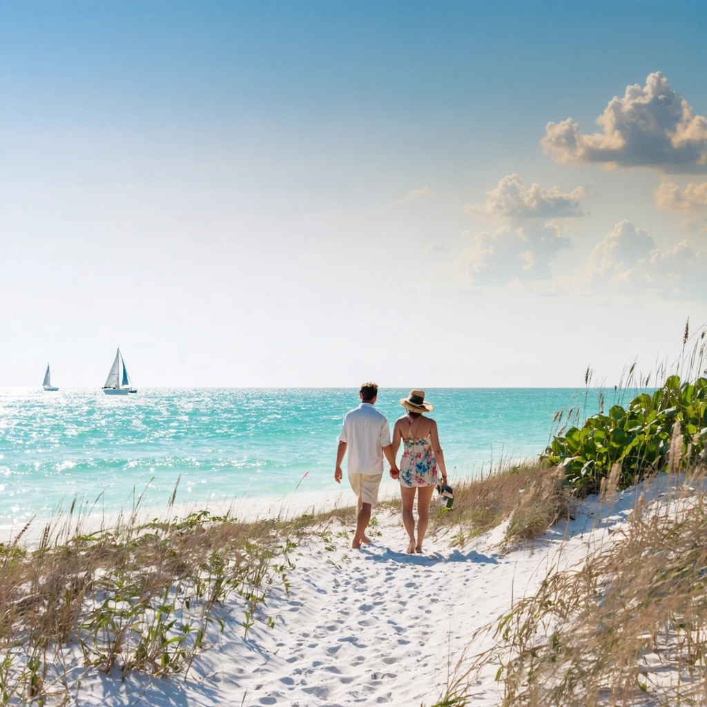 Couple strolling along serene Siesta Key Beach at golden hour