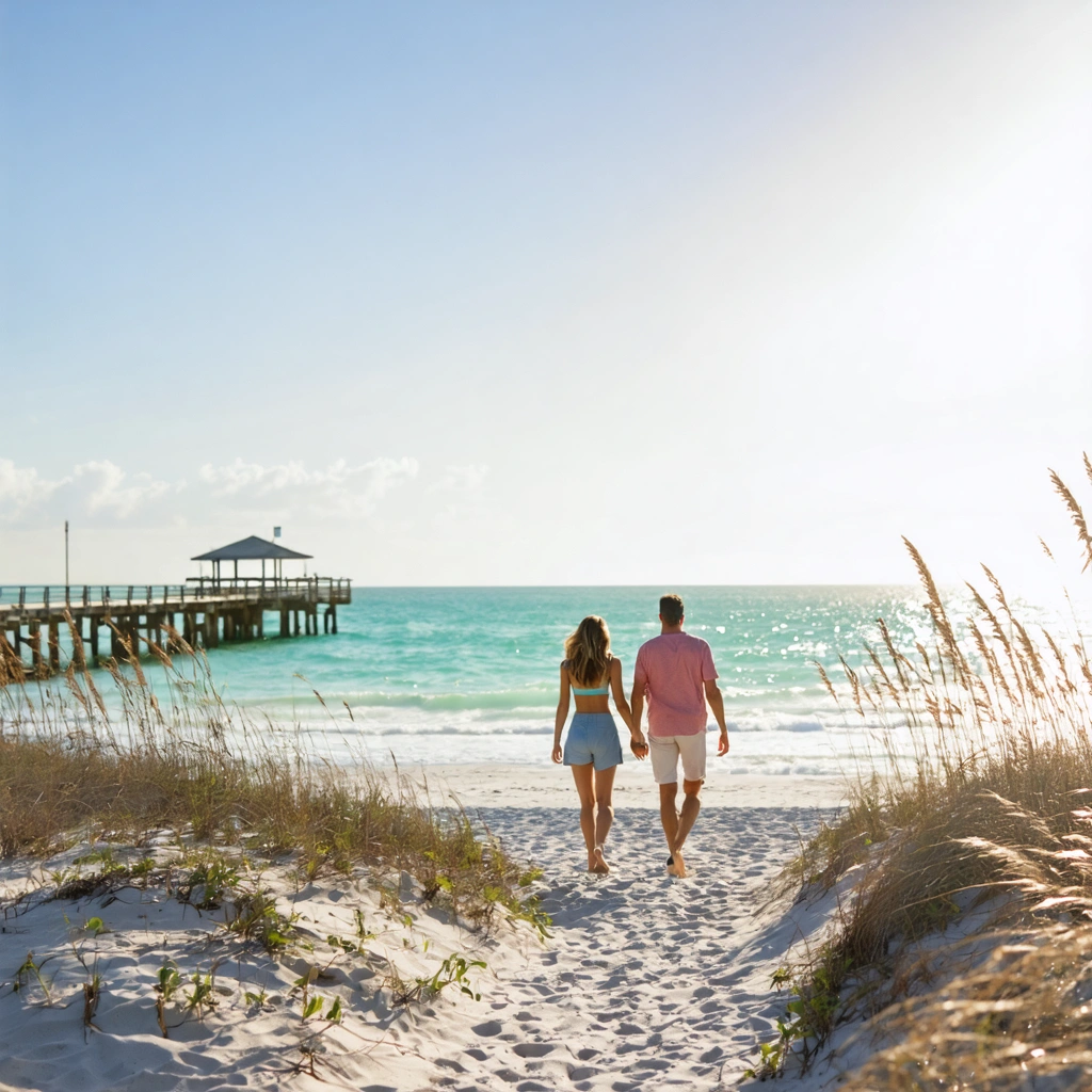 Relaxed couple strolling along a sunlit Florida beach near a fishing pier