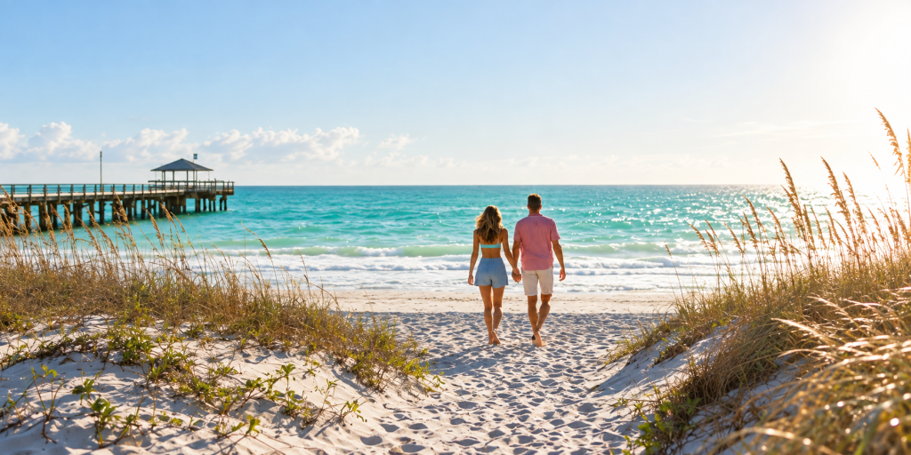 Relaxed couple strolling along a sunlit Florida beach near a fishing pier